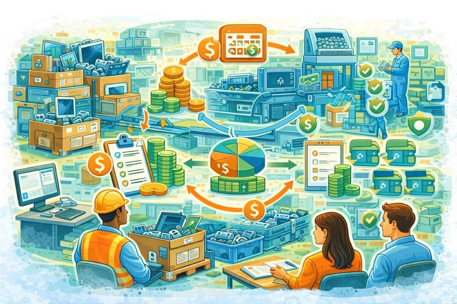 Electronics recycling facility with cost icons, coins, audit flow arrows, and e-waste processing equipment representing R2 certification cost structure.