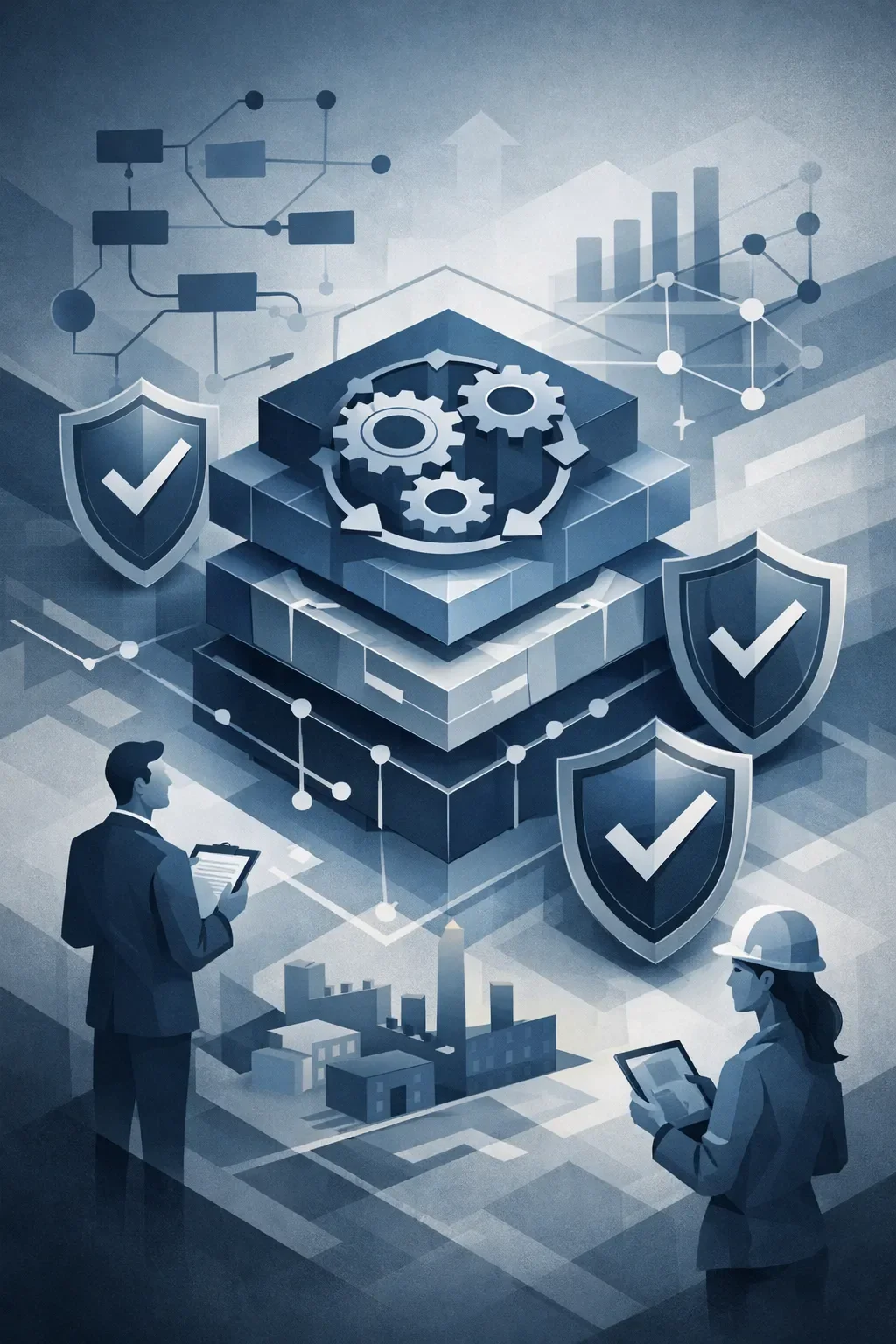 Layered system structure with interconnected gears, validation shields, and process flows representing ISO 9001 quality management system control.