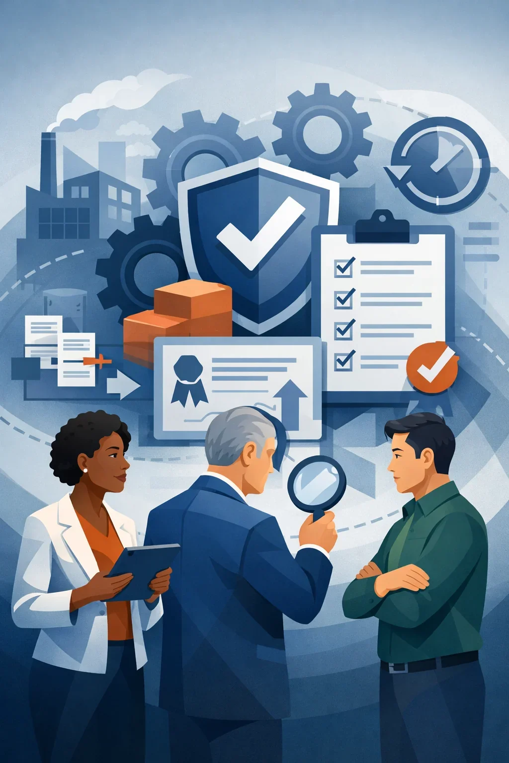 Digital illustration of professionals reviewing a quality checklist with shield, gears, and factory symbols representing ISO 9001 recertification requirements and QMS oversight.