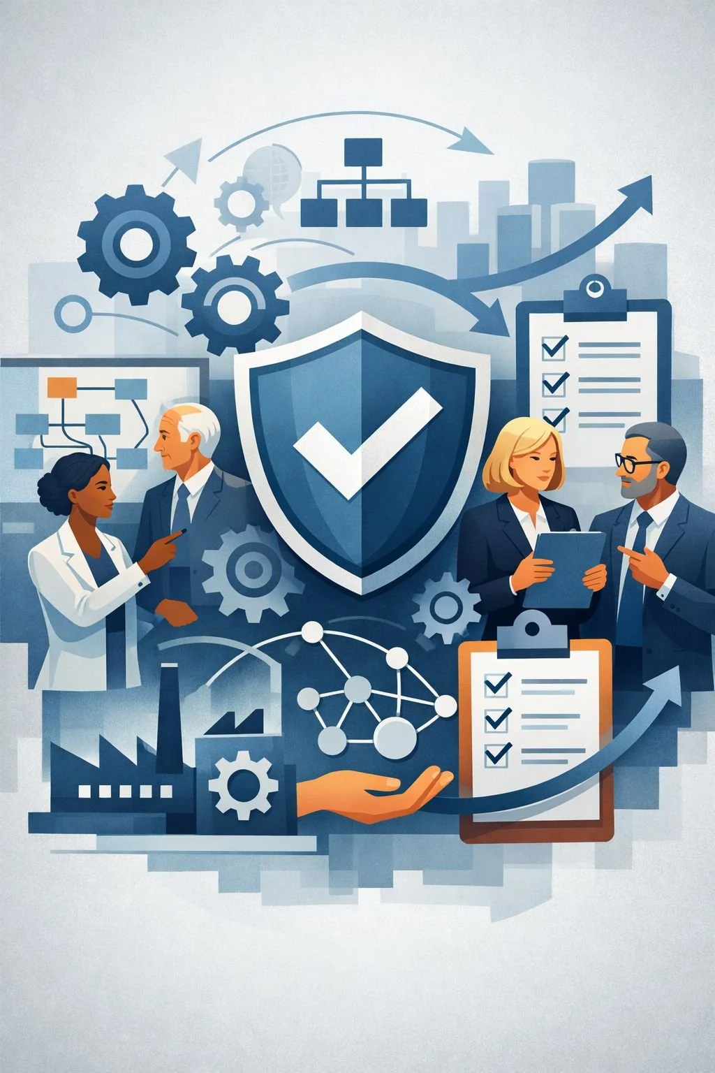 Digital illustration of diverse executives reviewing structured processes around a shield and checklist representing ISO 9001 Clause 5 leadership governance in a quality management system.