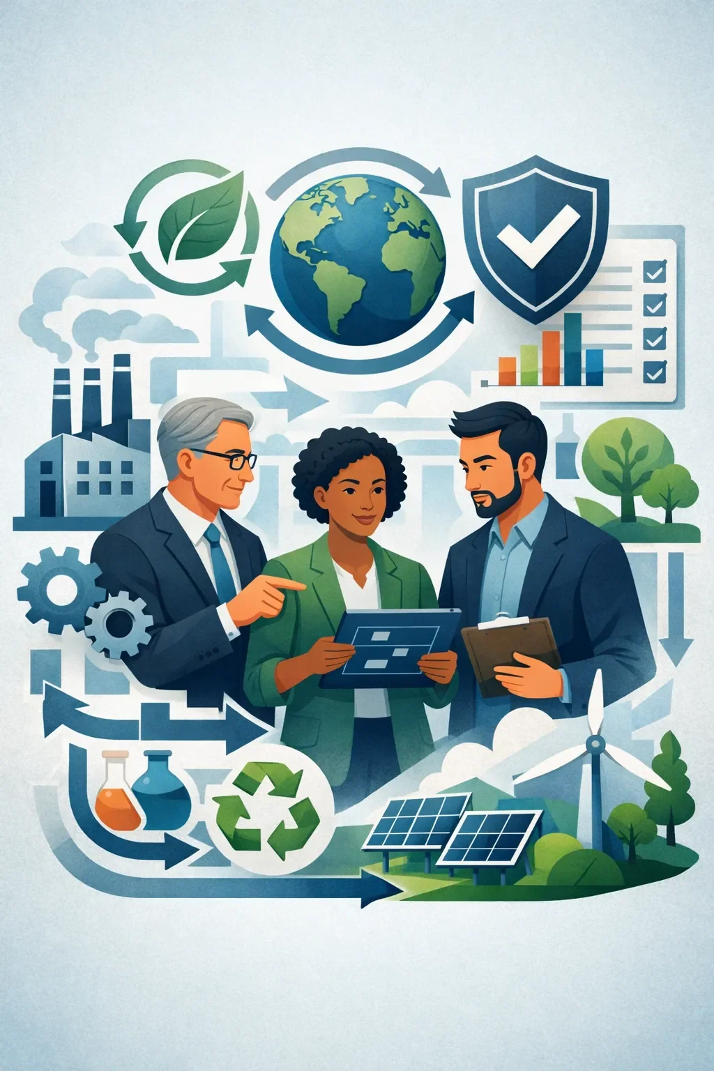 Digital illustration of professionals planning an environmental management system with structured process arrows, factory, renewable energy symbols, and compliance shield representing ISO 14001 EMS implementation.