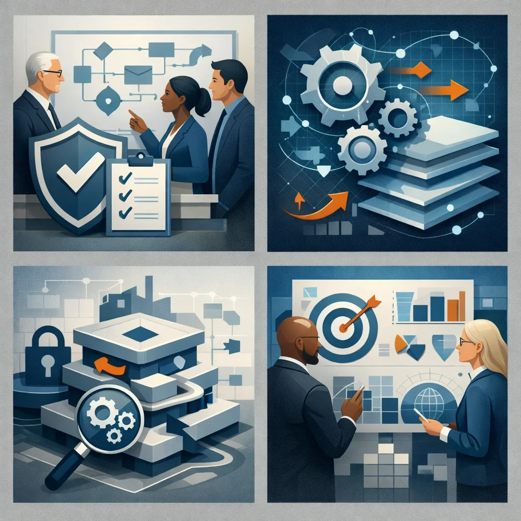 Digital illustration of layered security controls, shield protection, and system architecture representing FedRAMP readiness consulting and federal cloud compliance preparation.