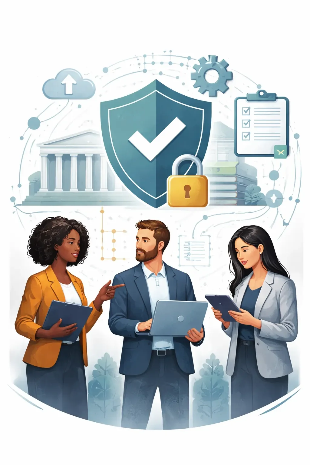 CMMC 2.0 certification illustration showing cybersecurity consultants reviewing compliance controls with shield, lock, and secure network symbols