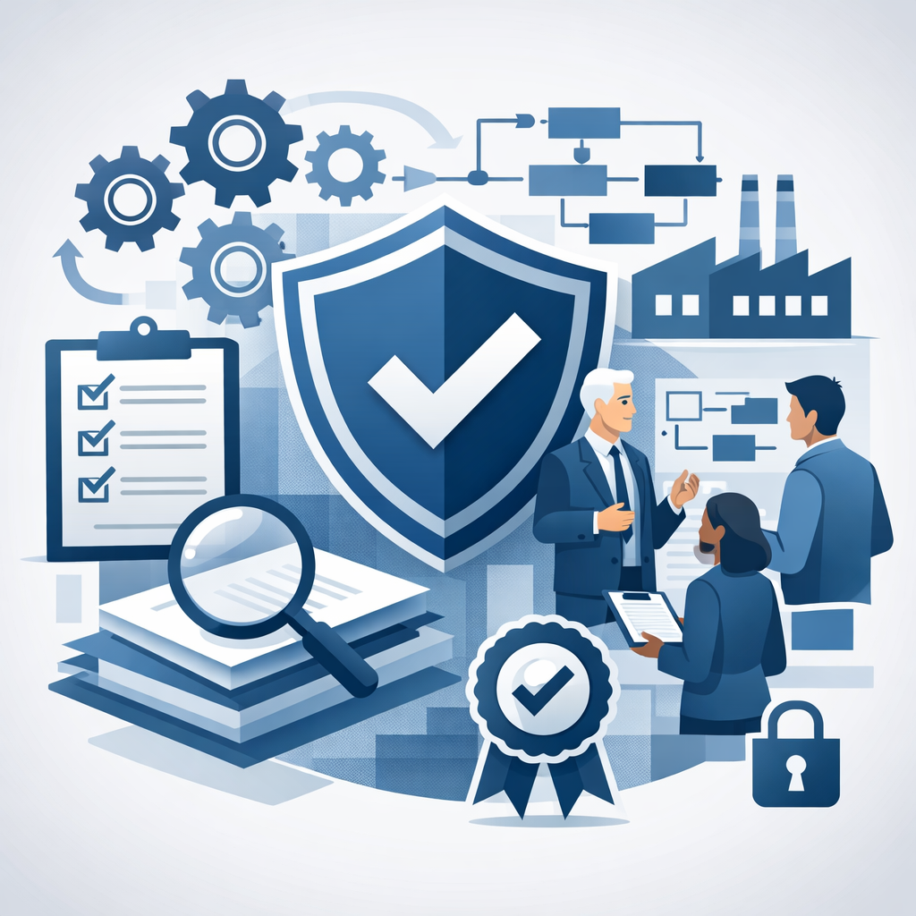Digital illustration of a shield with checkmark, gears, factory, audit clipboard, and consultants collaborating, symbolizing ISO 9001 certification consulting and structured quality systems.