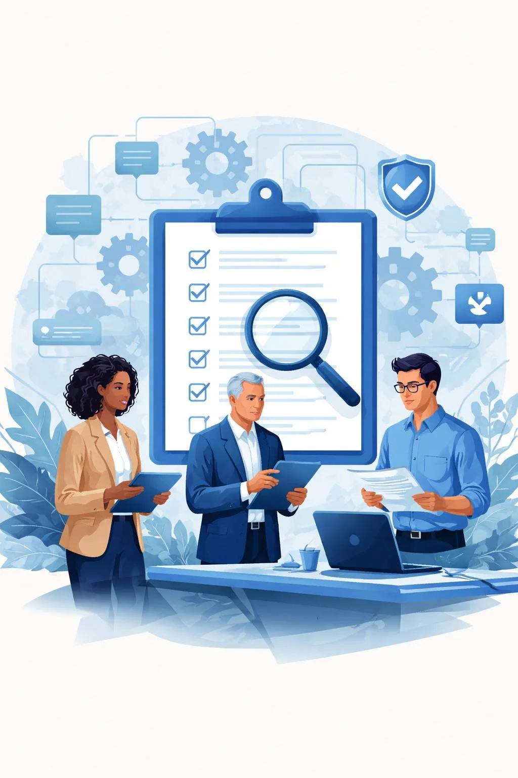 Digital illustration of consultants reviewing a structured checklist and magnifying glass representing an ISO 13485 gap analysis for a medical device quality management system.
