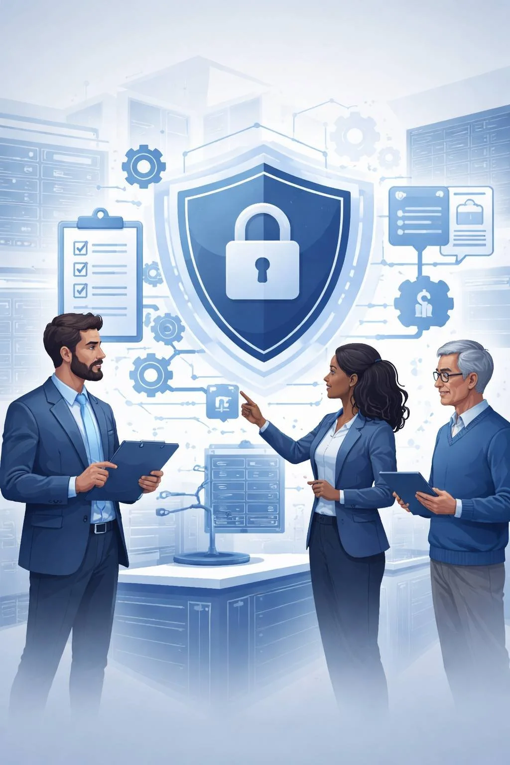 Digital illustration of cybersecurity consultants reviewing structured security controls around a central shield and lock representing NIST compliance consulting.