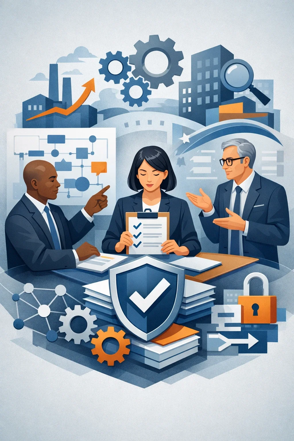 Digital illustration of consultants reviewing controls with shield, lock, checklist, and workflow symbols representing a SOC 2 Type 2 audit and compliance governance.