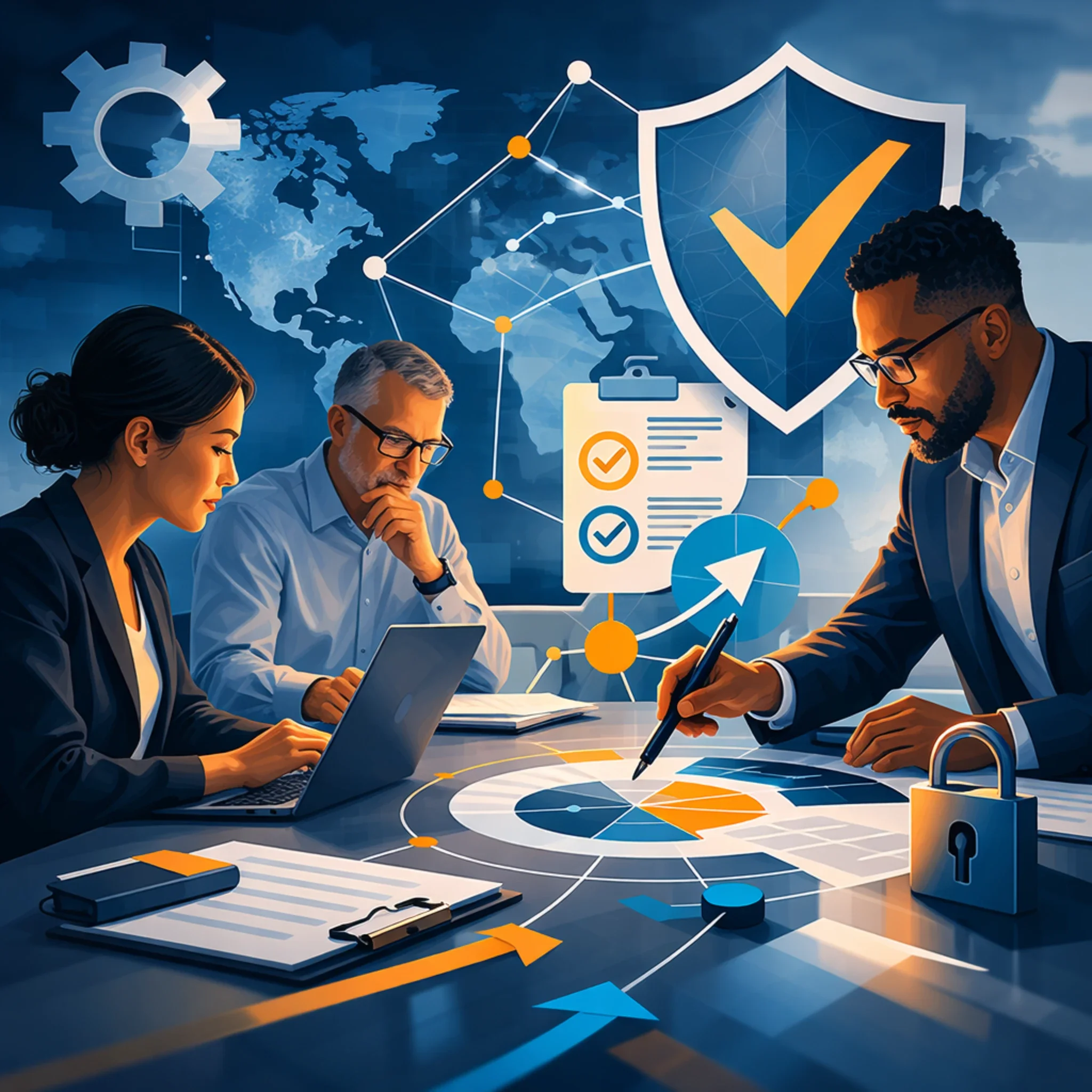 Digital illustration of diverse consultants reviewing risk analysis charts with shield, checklist, and network control symbols representing risk management consulting and structured governance systems.