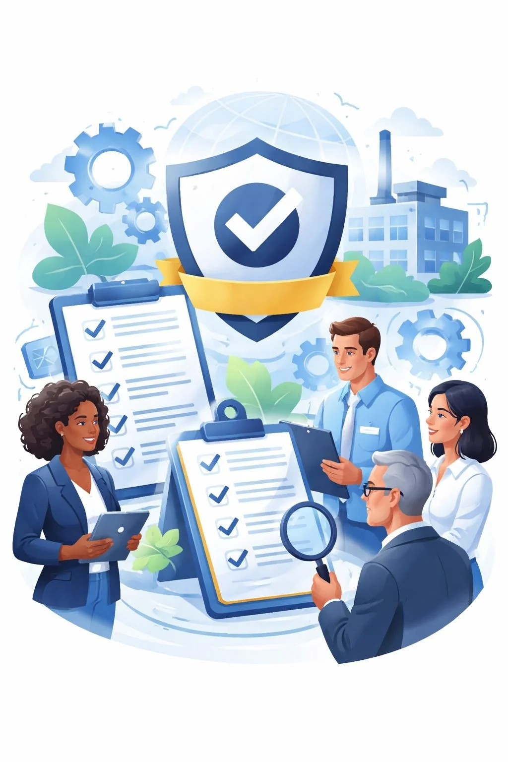 Illustrated portrait showing diverse business professionals reviewing quality management documents with shield and checkmark symbol representing ISO 9001 certification body audit and compliance verification process.