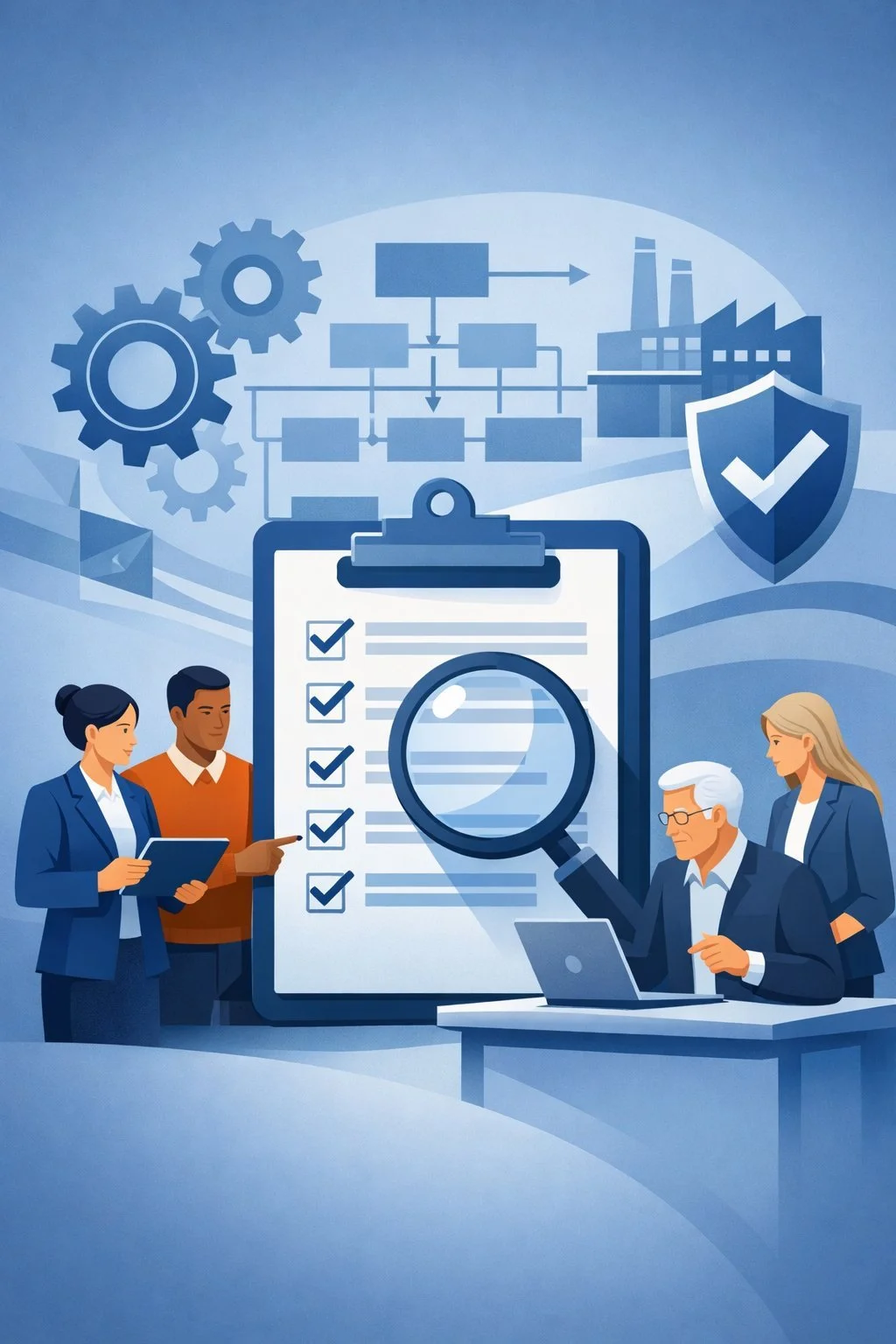 Digital illustration of professionals reviewing a clipboard with magnifying glass, gears, and process flow symbols representing the ISO 9001 internal audit process and quality management review.