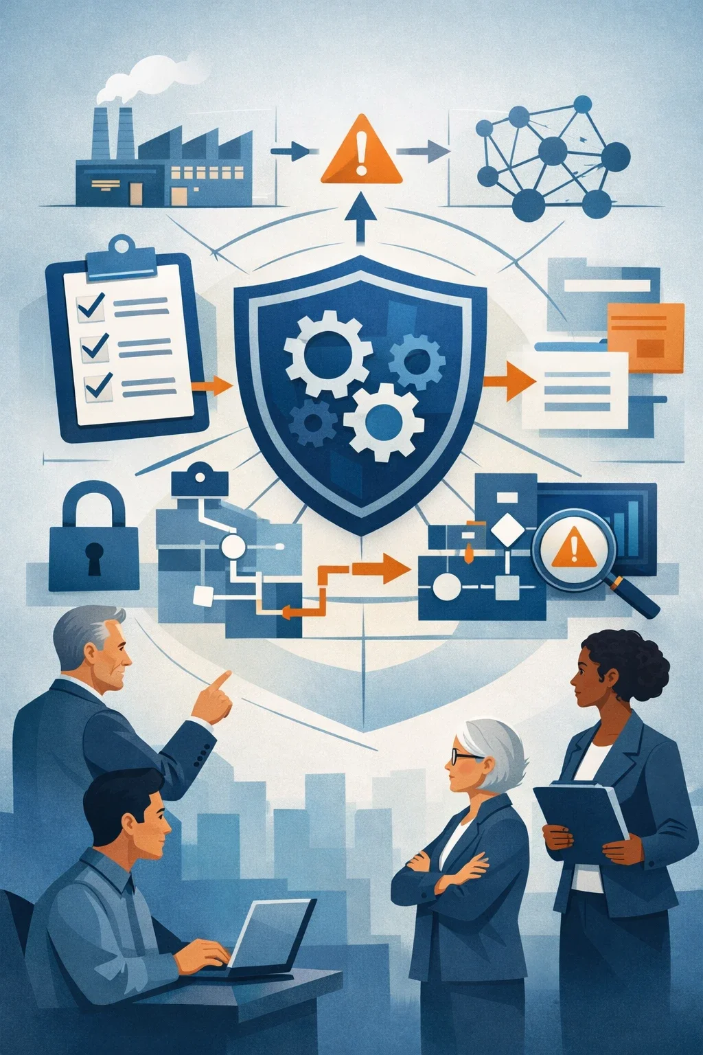Digital illustration of professionals reviewing a shield with gears, workflow diagrams, and control systems representing operational risk management consulting and operational governance.