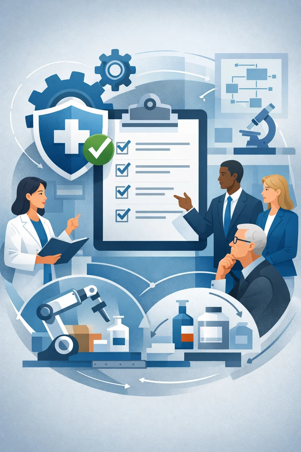 Digital illustration of professionals reviewing a medical device quality checklist with shield and process symbols representing ISO 13485 training providers.