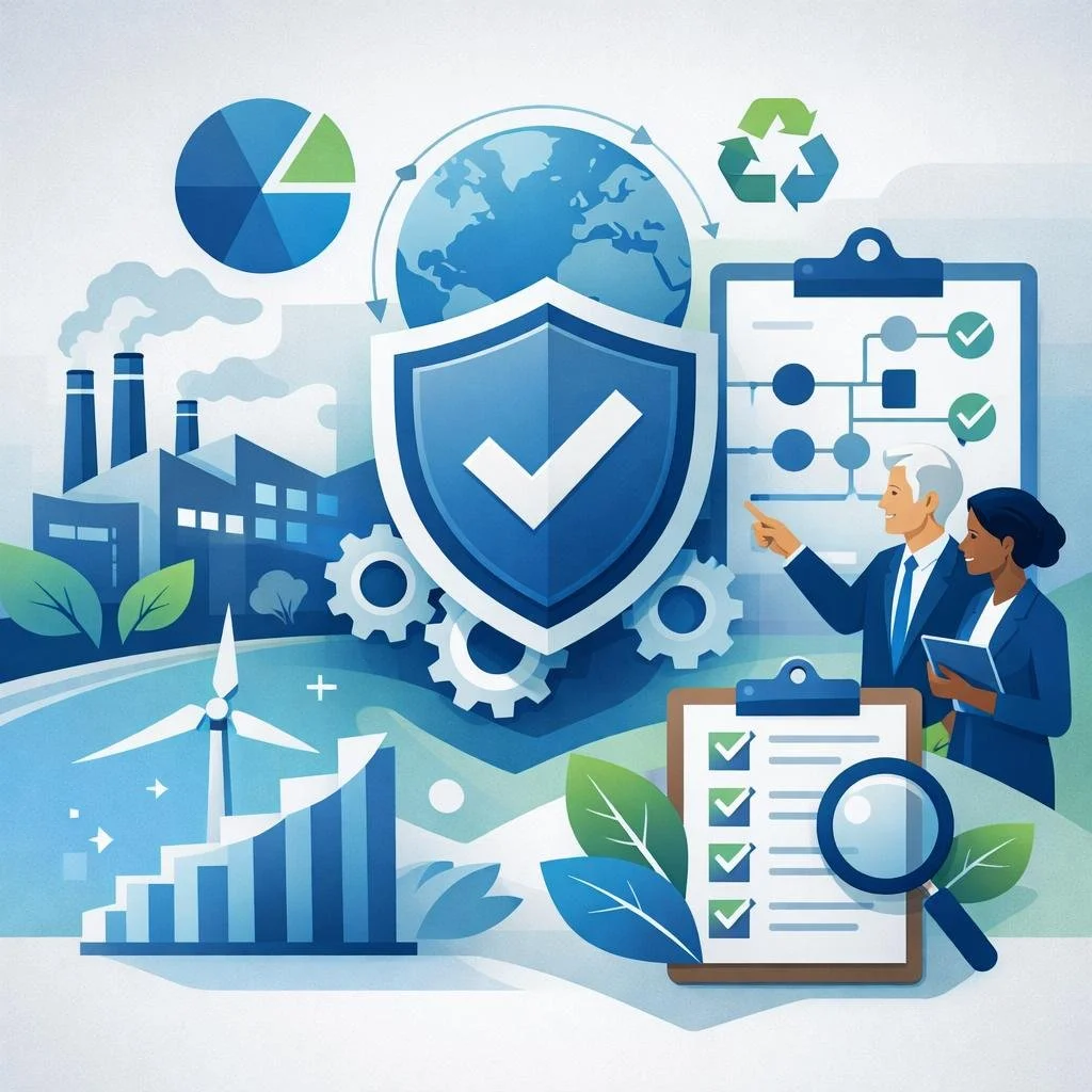 Digital illustration of shield, audit checklist, factory, and environmental symbols representing ISO 14001 registrars auditing environmental management systems.