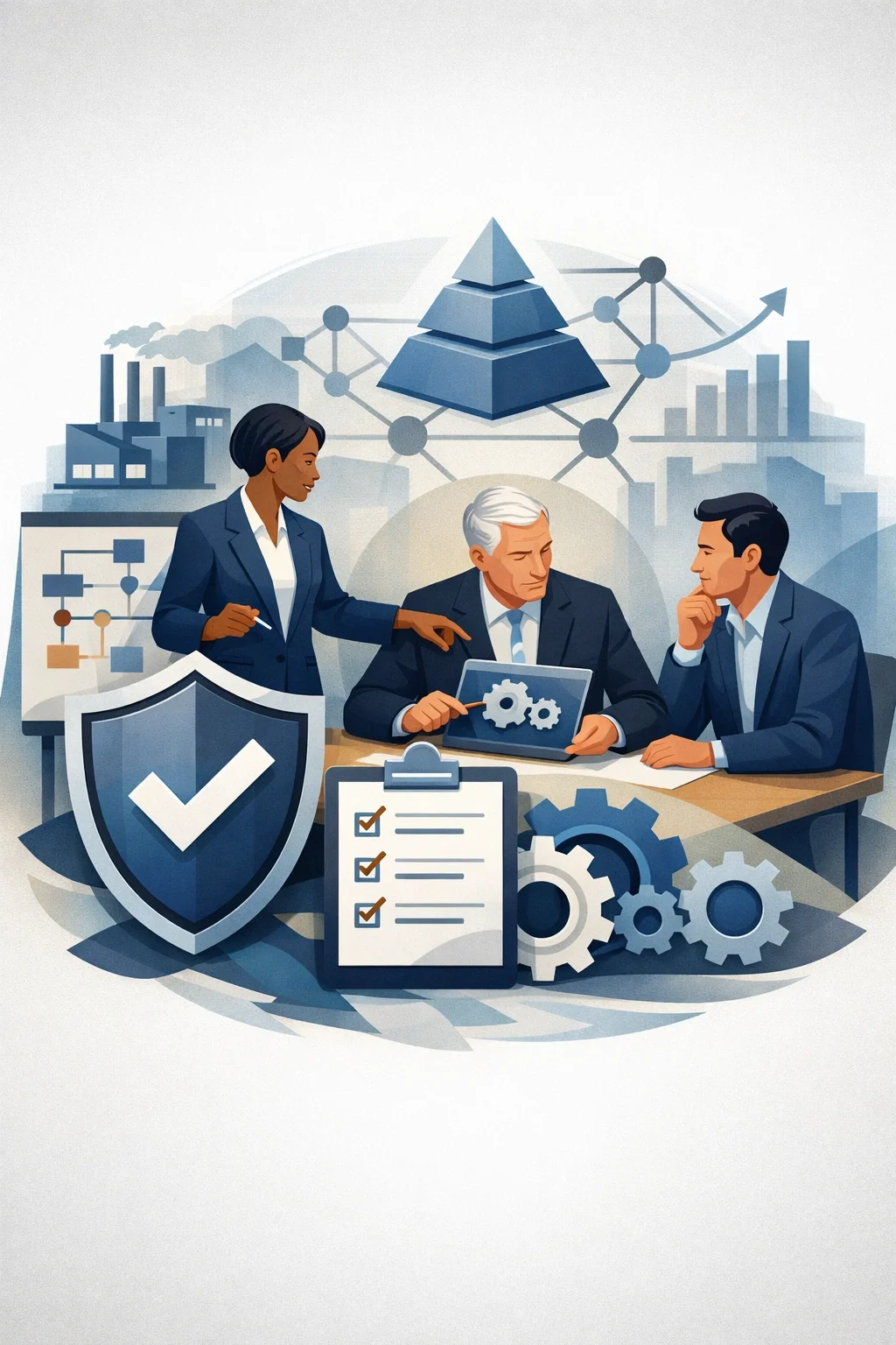Digital illustration of consultants planning a Business Continuity Management System with shield protection, process gears, and structured operational networks.