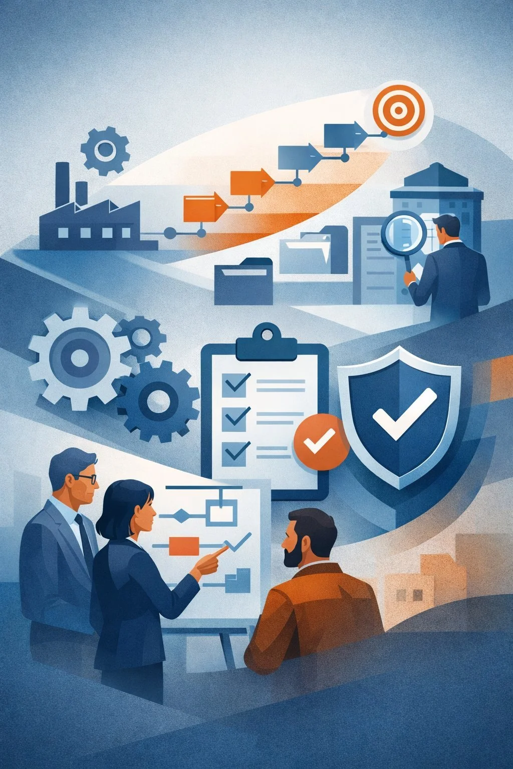 Digital illustration of a structured pathway with gears, shield, and professionals planning processes, symbolizing an ISO 9001 implementation roadmap for quality management systems.