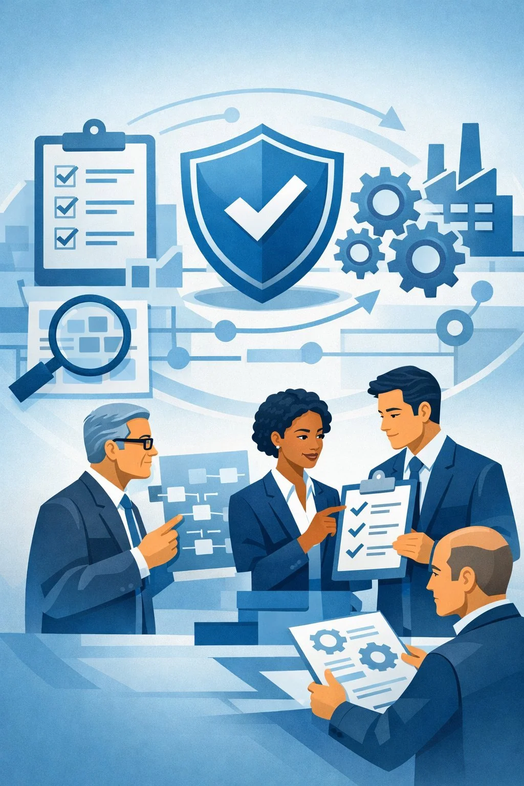 Digital illustration of a shield with checkmark, gears, factory, and process checklist representing standards for quality management and structured operational governance.