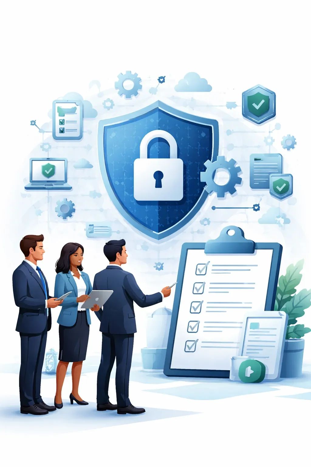 Digital illustration of a structured shield with lock, checklist, and professionals representing CMMC Level 1 requirements and cybersecurity compliance controls.