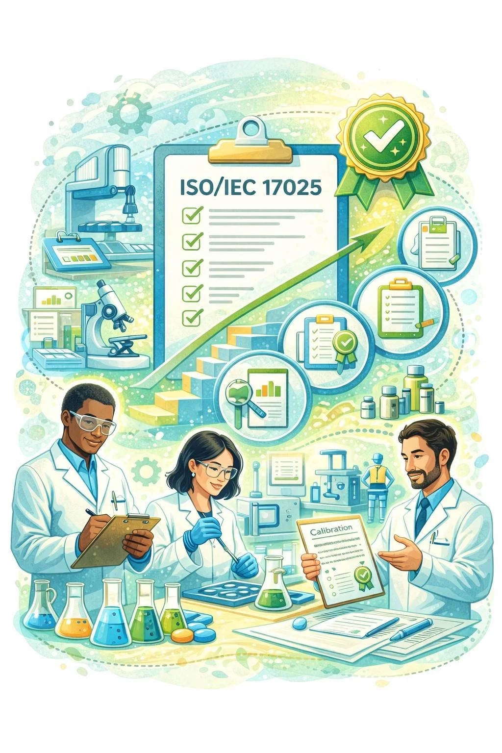 Illustration of laboratory professionals reviewing test results and calibration documents with lab equipment, checklist, staircase steps, and certification badge representing ISO/IEC 17025 certification.