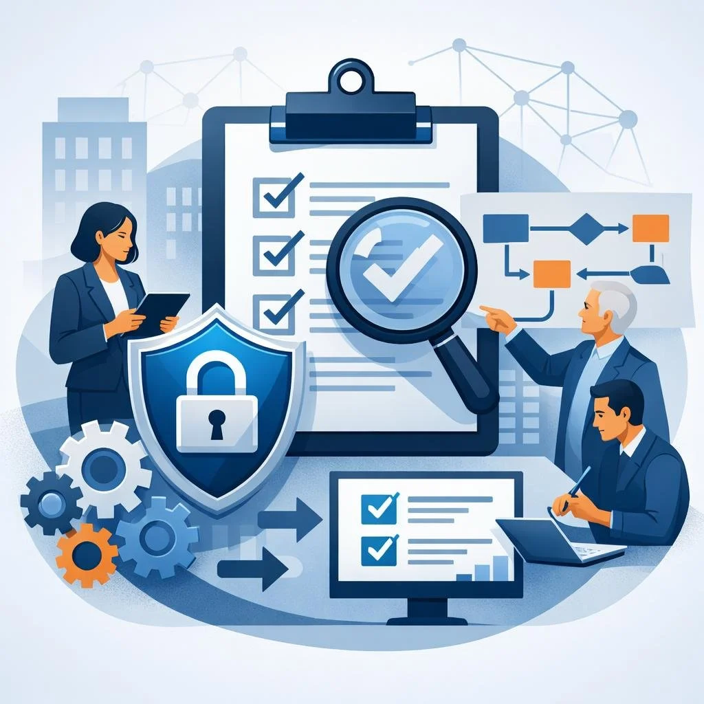 Digital illustration of professionals reviewing a clipboard with magnifying glass, shield, and process flows representing the ISO 27001 internal audit process.