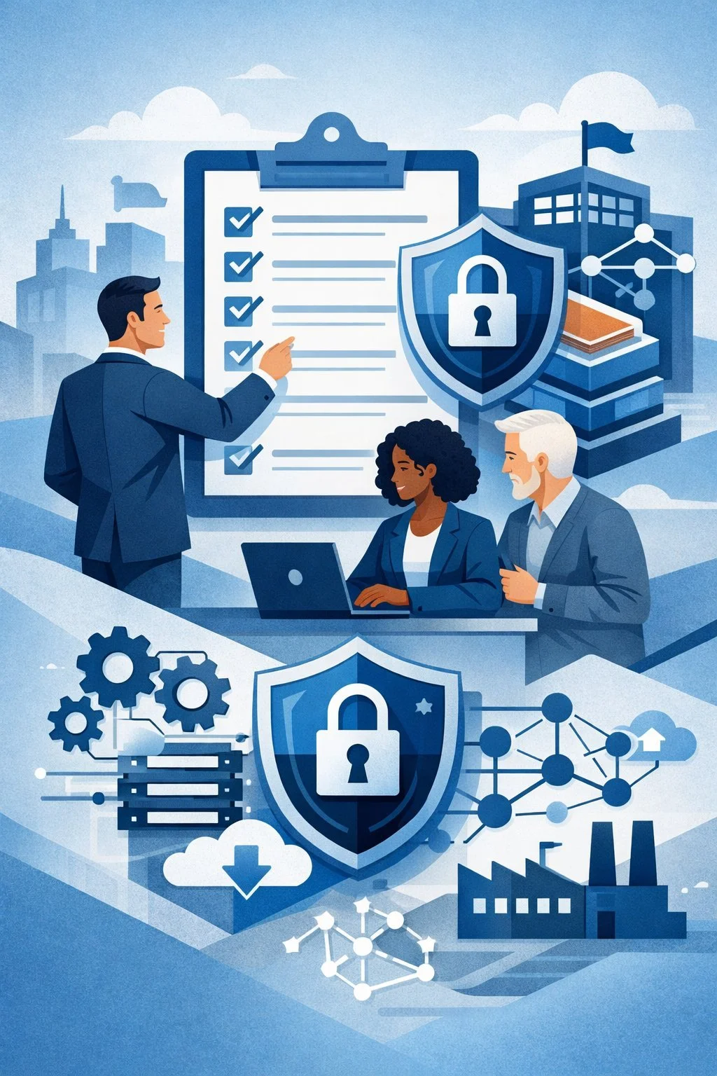 Digital illustration of a cybersecurity compliance checklist with shield and network controls representing CMMC compliance checklist implementation.