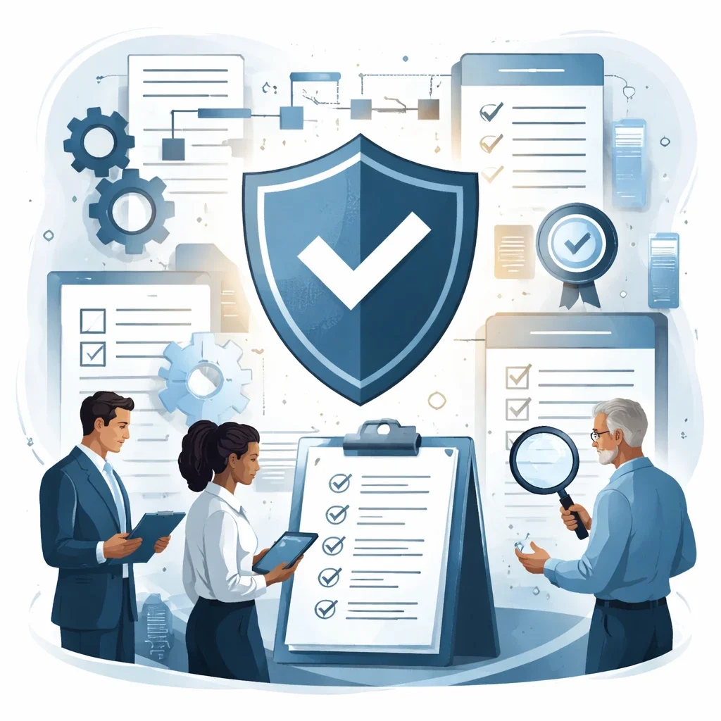 Digital illustration of a structured shield with checkmark, audit checklist, and professionals reviewing processes, representing ISO registrar certification and system auditing.