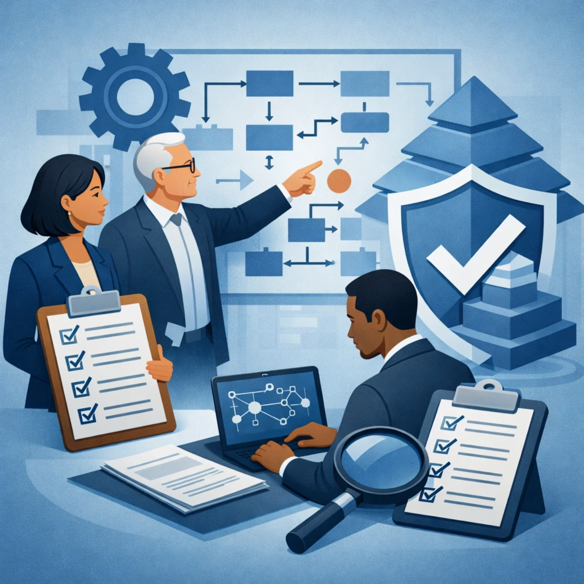 Digital illustration of consulting professionals analyzing structured workflows, checklists, and shield controls representing compliance risk assessment and governance systems.