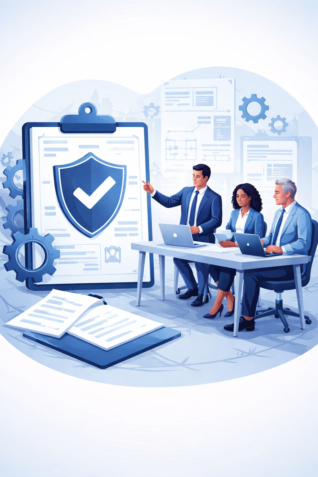 Digital illustration of consultants reviewing a structured compliance system with shield and checkmark symbols representing ISO certification consulting and management systems governance.