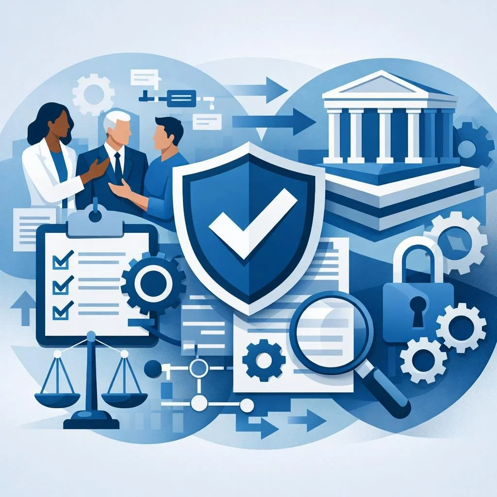 Digital illustration of a shield, checklist, gears, and consulting professionals representing structured compliance systems and regulatory governance.