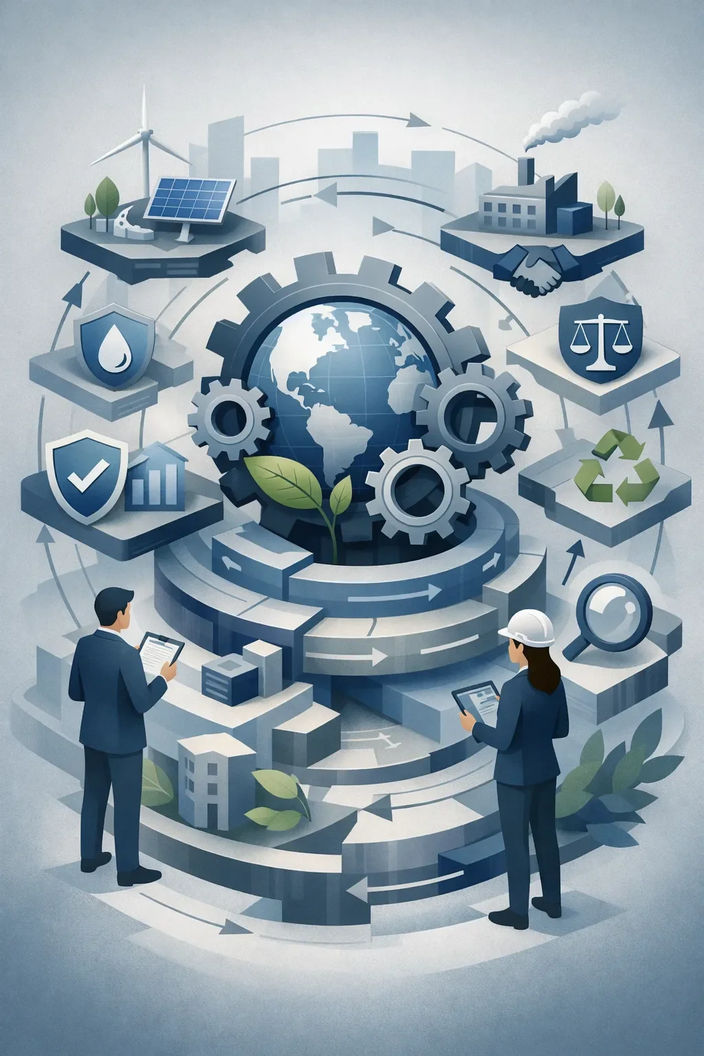 Interconnected sustainability system with gears, environmental elements, governance controls, and layered processes representing structured ESG integration