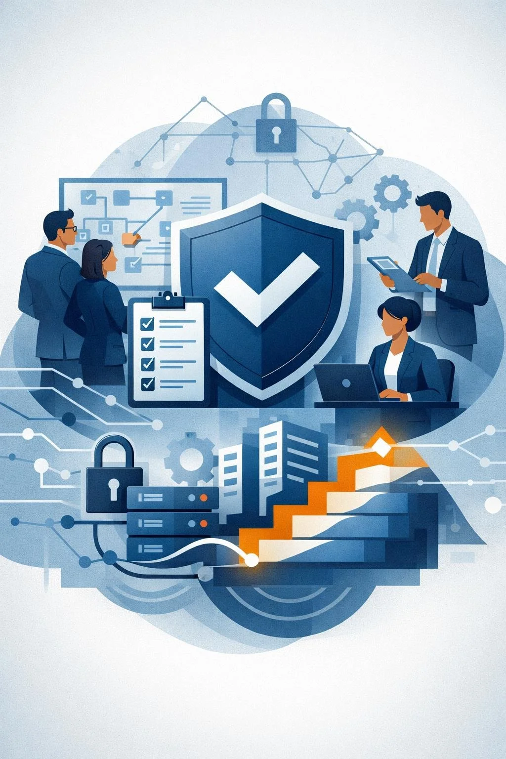 Digital illustration of a structured shield, security lock, network nodes, and professionals reviewing a process board representing ISO 27001 certification steps and information security governance.