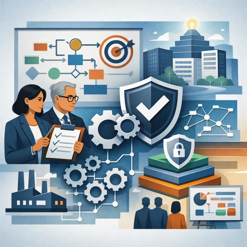 Digital illustration of shield, gears, factory, and process flow representing ISO 13485 benefits and structured medical device quality management systems.