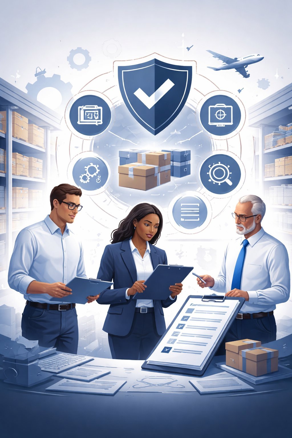 Digital illustration of diverse aerospace professionals reviewing structured documentation beneath a shield symbol representing AS9120 aerospace distributor QMS compliance and traceability controls.