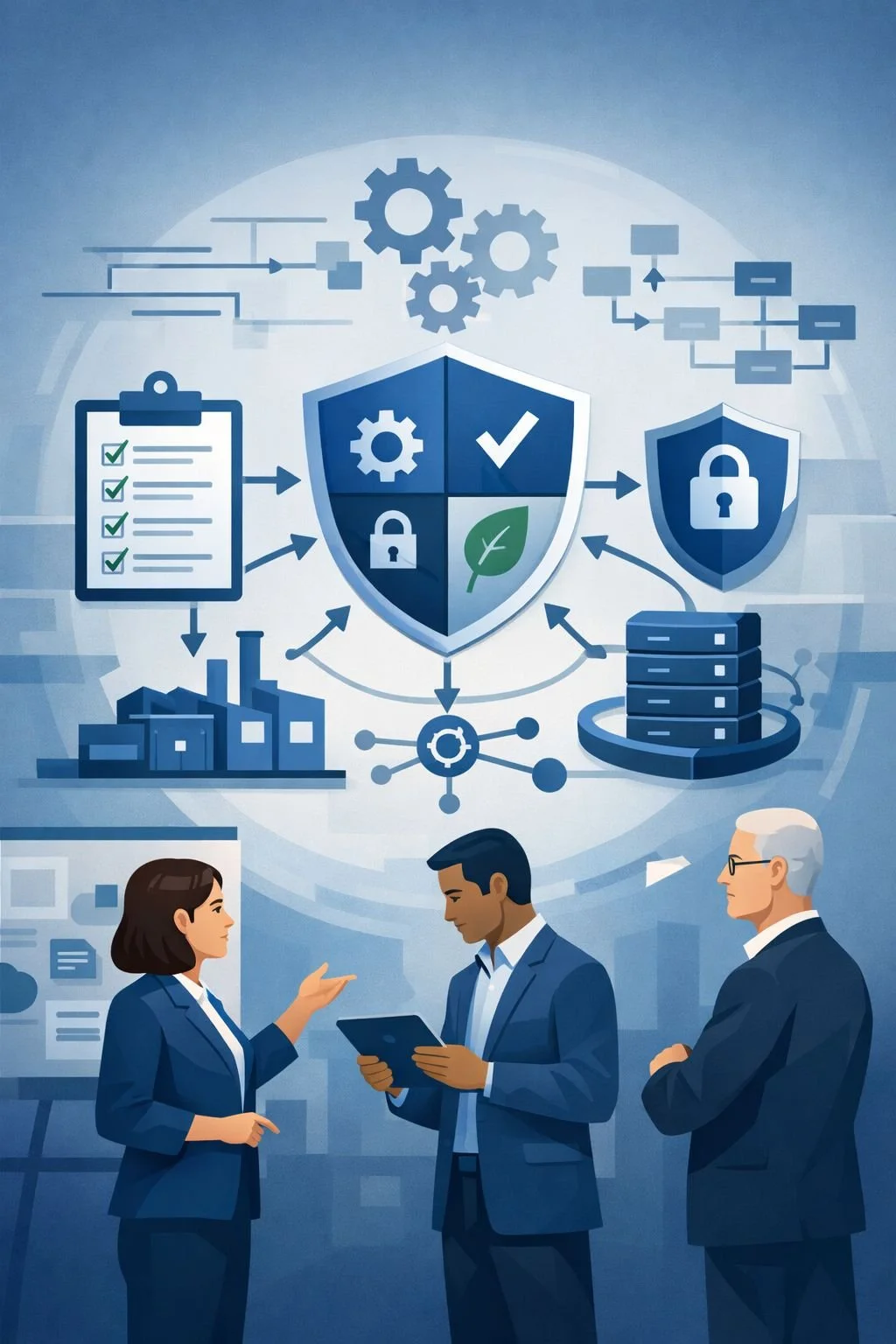 Digital illustration of consultants reviewing a unified management system diagram with shields, gears, and process flows representing integrated ISO management consulting.