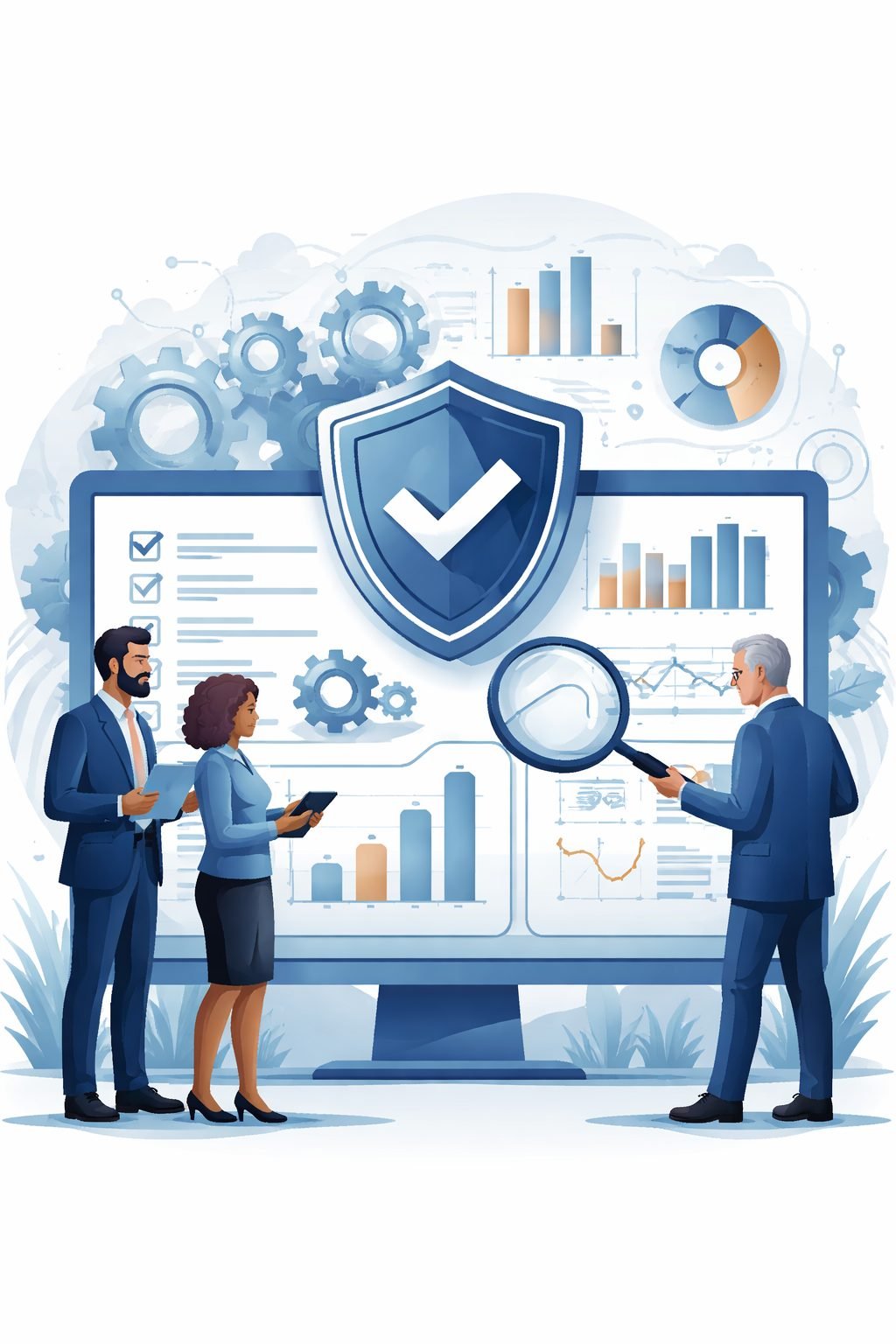 Digital illustration of professionals reviewing dashboards, gears, and a validation shield representing ISO 9001 Clause 9 performance evaluation and QMS monitoring.