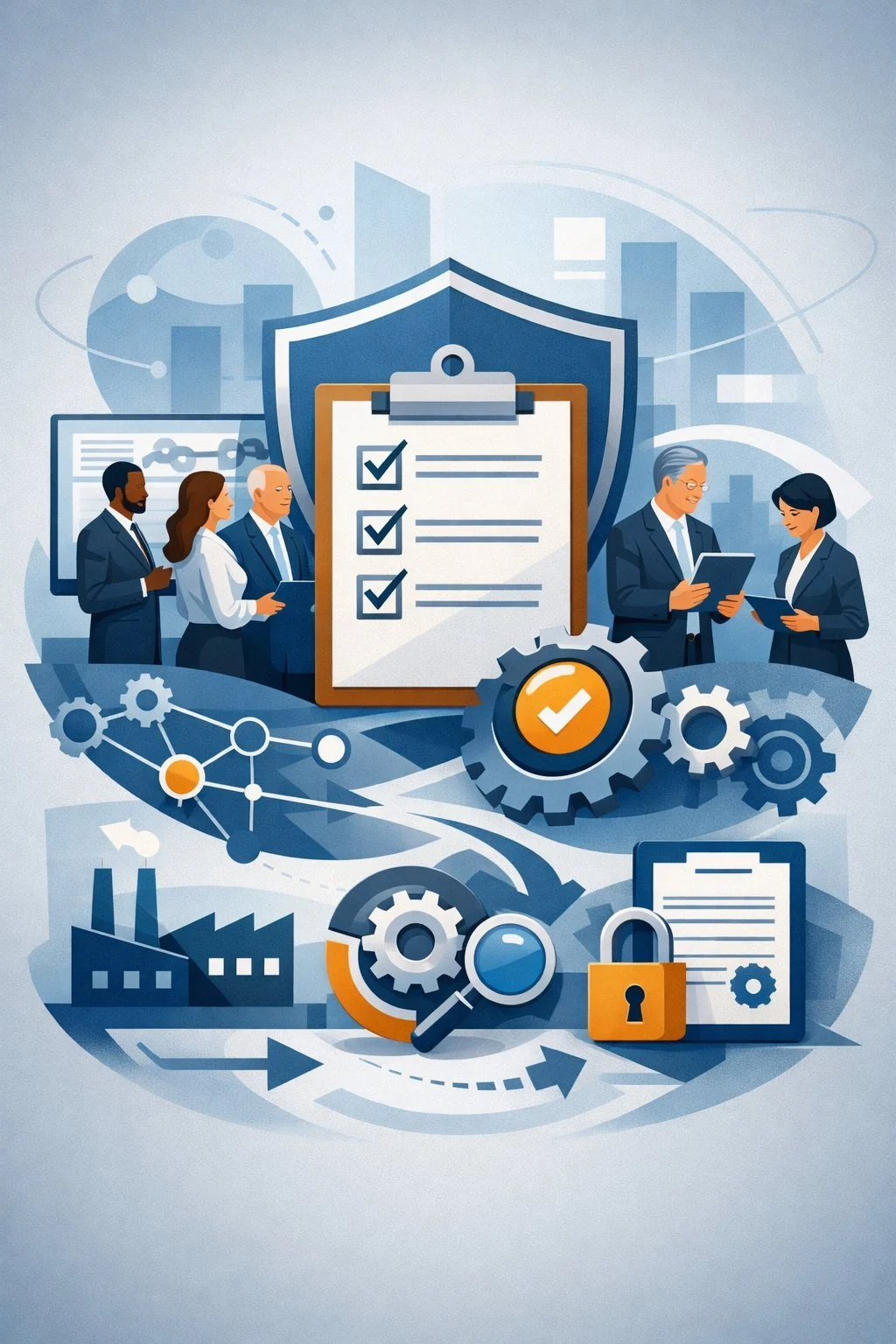 Digital illustration of a shield, checklist, gears, and workflow arrows representing ISO 9001 compliance software managing a structured quality management system.