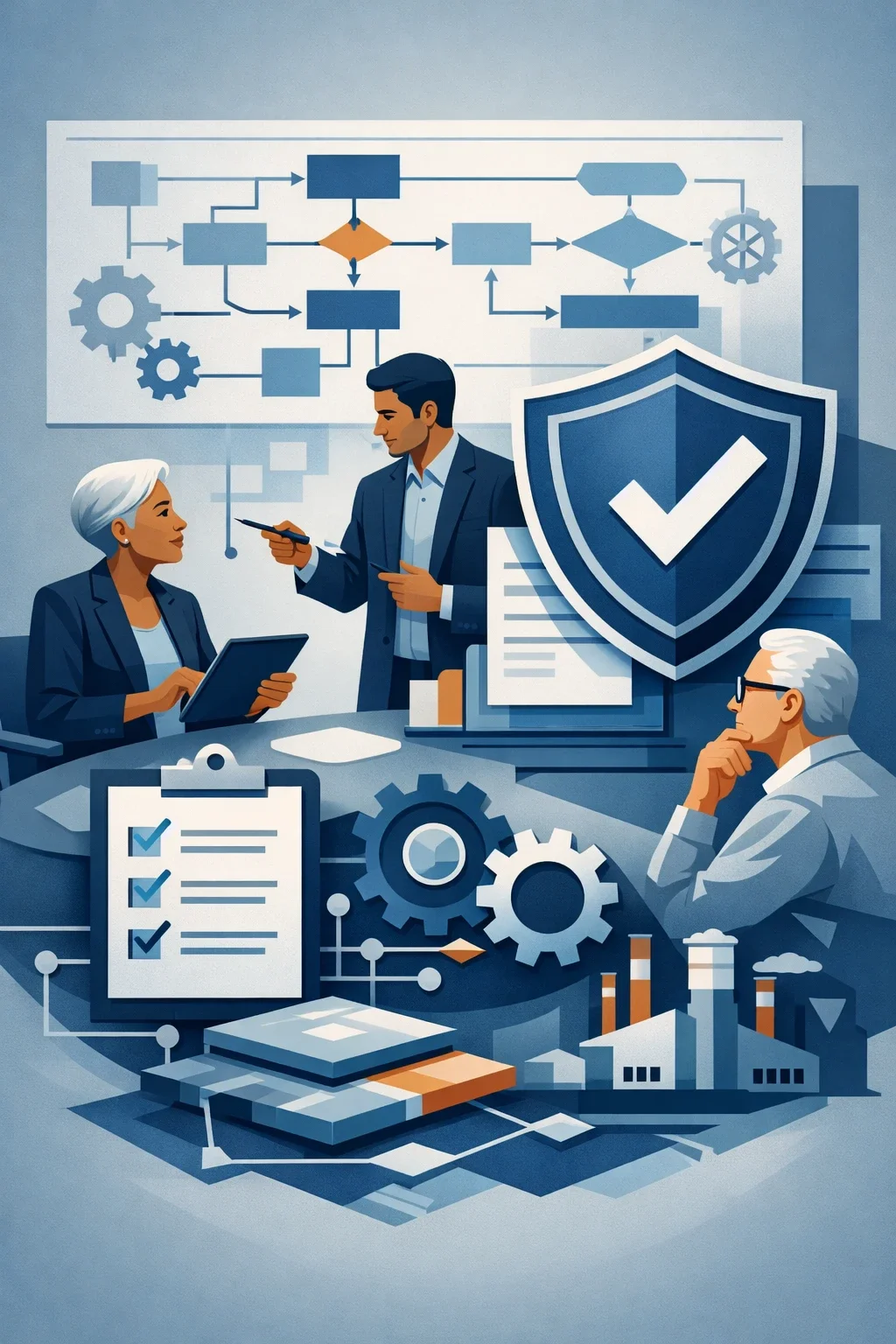 Digital illustration of professionals analyzing interconnected processes, gears, and a shield representing integrated management systems governance across multiple ISO standards.