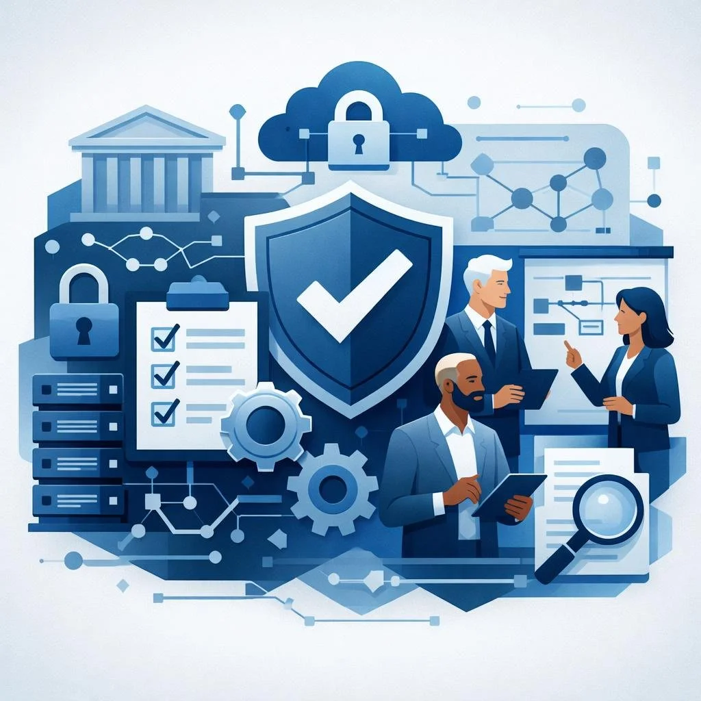 Digital illustration of a shield with checkmark, network connections, locks, servers, and professionals representing structured IT compliance service and information security governance.
