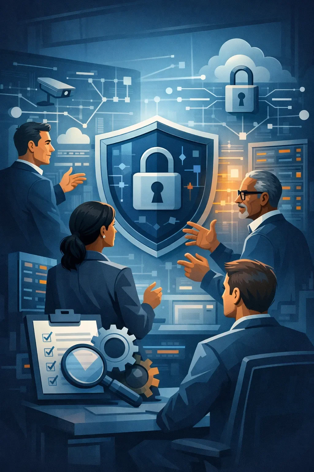 Digital illustration of cybersecurity consulting services showing professionals analyzing secure systems with shield, lock, and network controls.