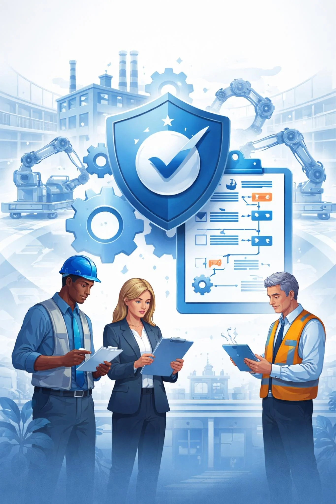 Digital illustration of manufacturing professionals reviewing production controls with robotic factory equipment, gears, and a shield checkmark representing ISO 9001 quality management for manufacturing systems.