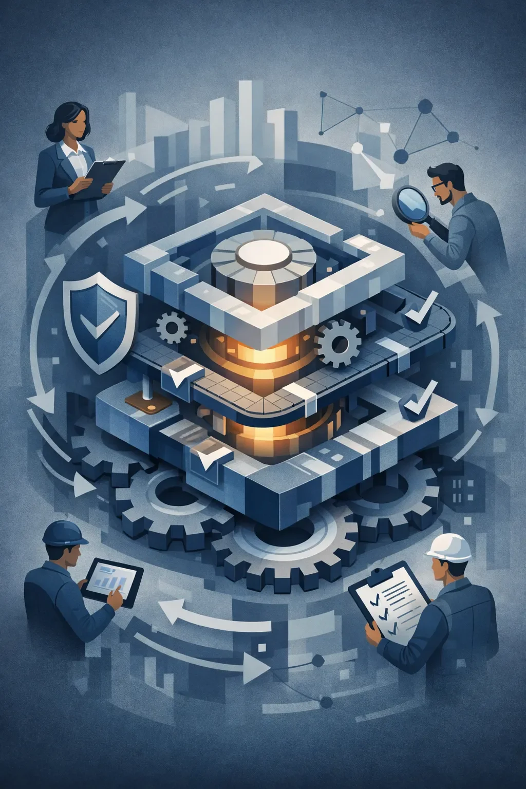 Abstract layered system with gears, flow loops, and validation elements showing a structured quality management system with controlled processes.