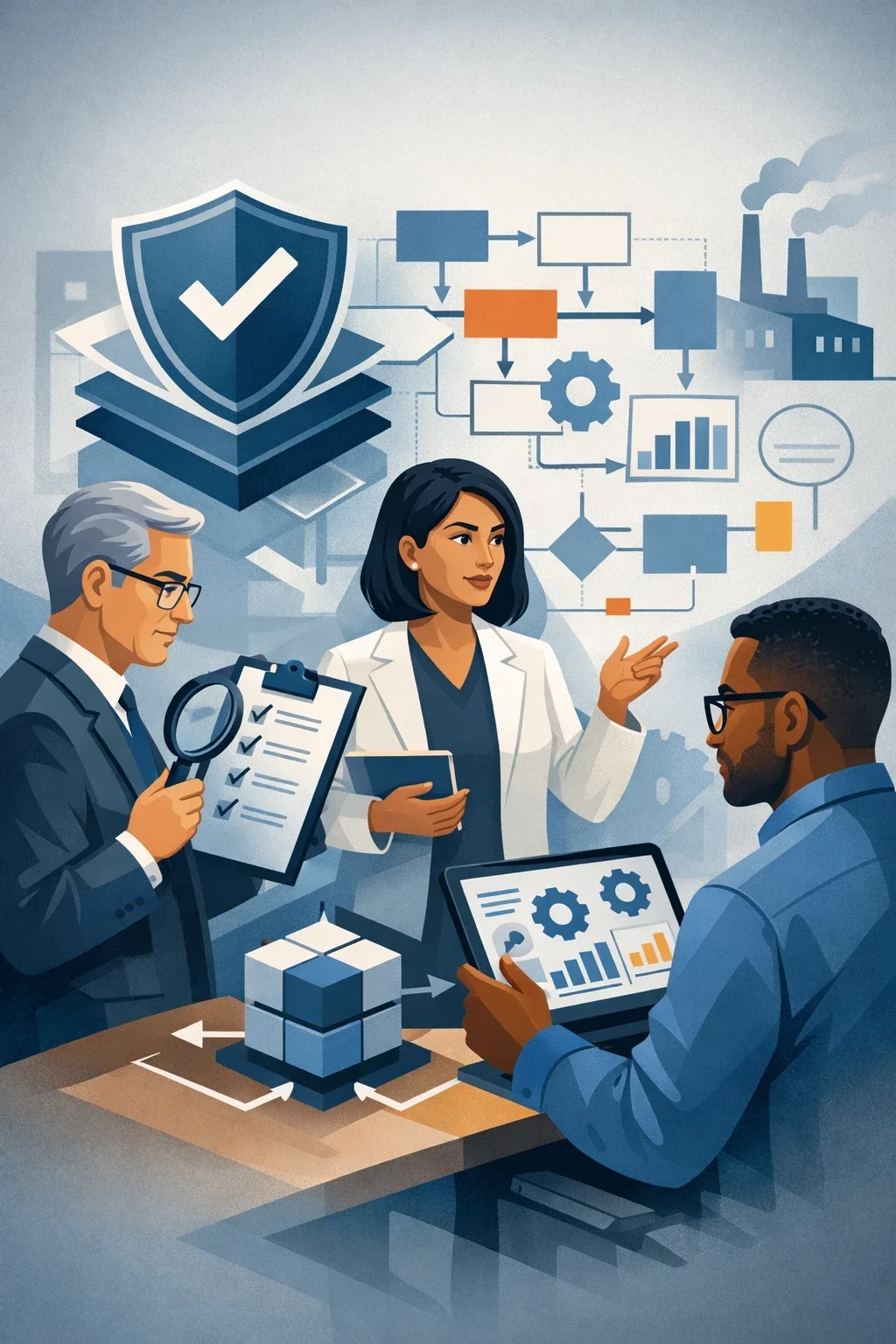 Digital illustration of consultants reviewing structured security controls with shield and checklist symbols representing SOC 2 readiness assessment and compliance governance.
