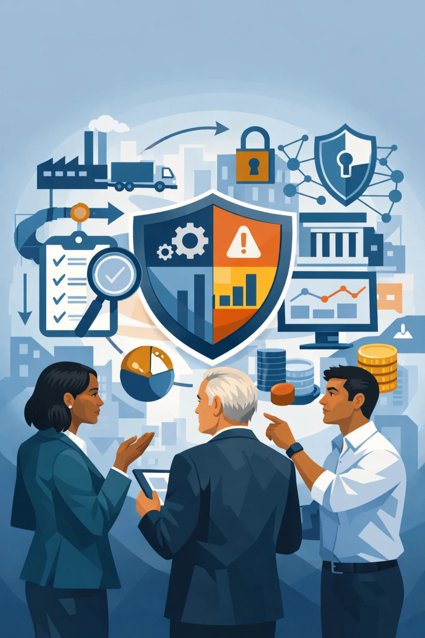 Governance Risk And Compliance Consulting Illustration Showing Business Leaders Evaluating Risk Controls, Security, Operational Metrics, And Compliance Systems