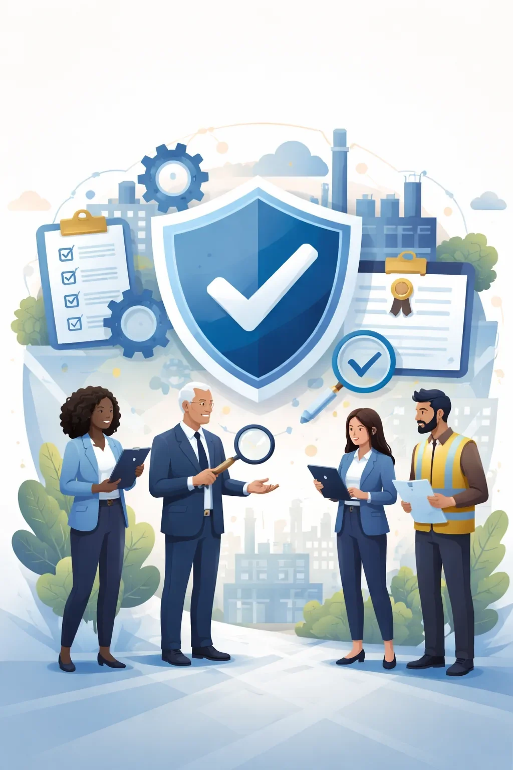 Diverse group of professionals reviewing documents beneath a large shield with checkmark and structured process symbols representing ISO 9001 certification and quality management system compliance.