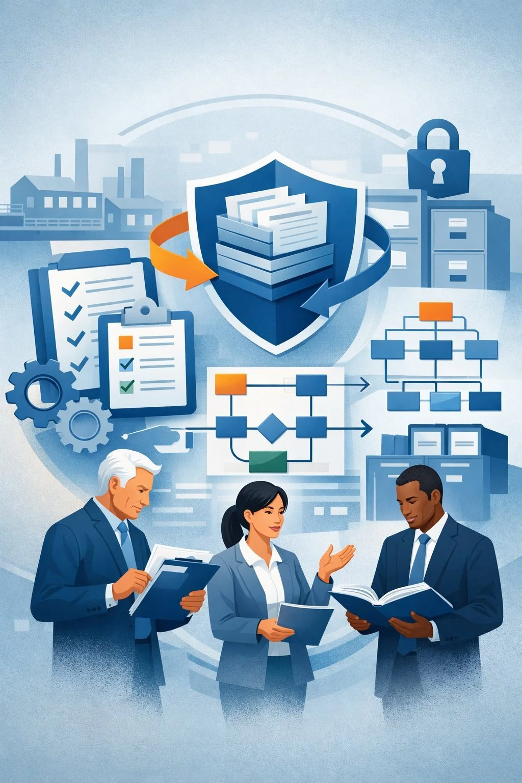 Digital illustration showing layered documents, process flow diagrams, and professionals reviewing structured records representing ISO 9001 documentation structure.