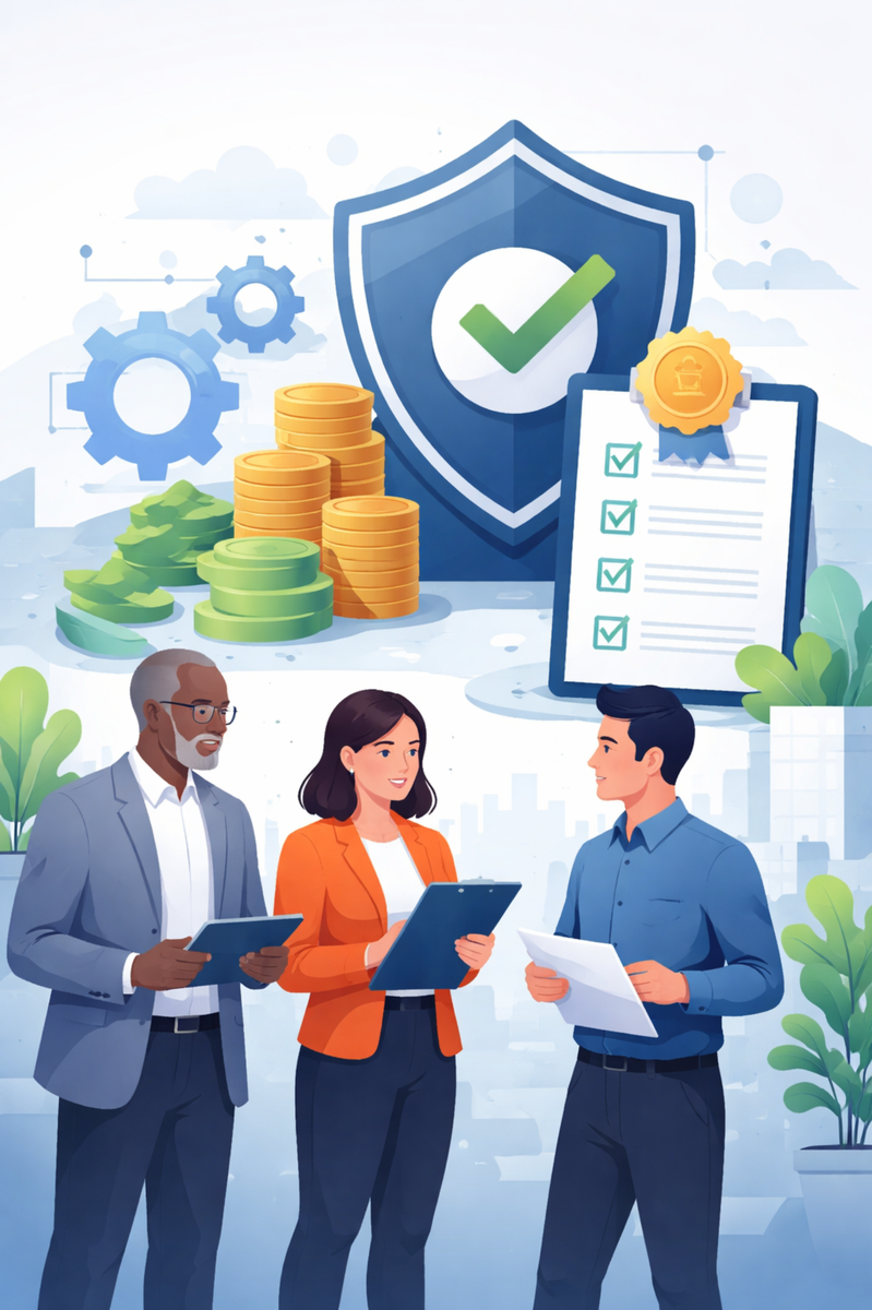 Professional digital illustration of diverse business professionals reviewing ISO certification costs, featuring abstract shield with checkmark, stacked coins, checklist, and gears representing structured compliance and certification pricing.