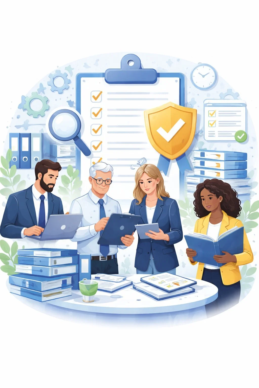 Four professionals reviewing documents and digital tablets around a conference table with a large checklist, magnifying glass, shield icon, binders, and stacked files in the background.