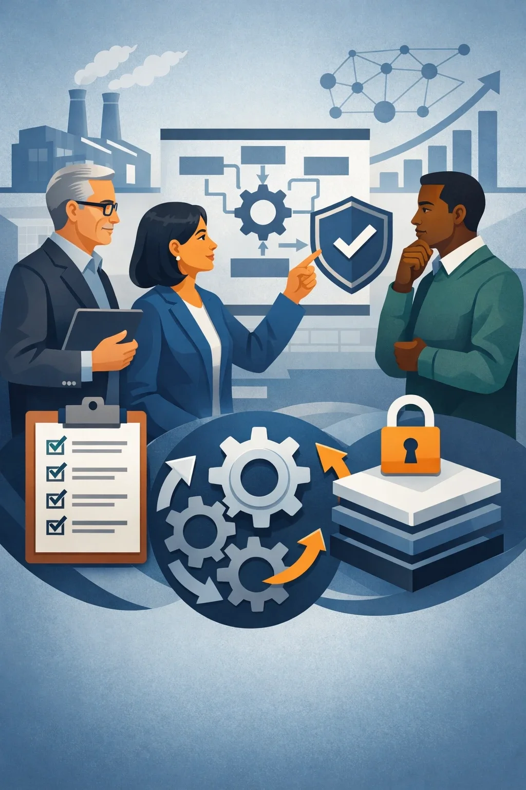 Digital illustration of cybersecurity consultants reviewing a structured compliance checklist with shield, lock, and system flow symbols representing CMMC Level 2 checklist controls.