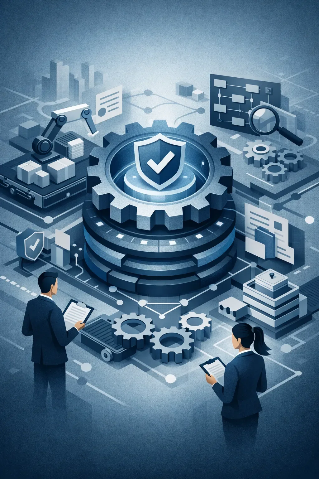 Structured digital illustration of an interconnected quality management system with gears, audit elements, and layered controls centered around validated operations