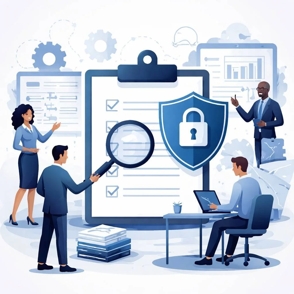 Digital illustration of a clipboard checklist, magnifying glass, and security shield representing ISO 27001 internal audit services and structured ISMS review.
