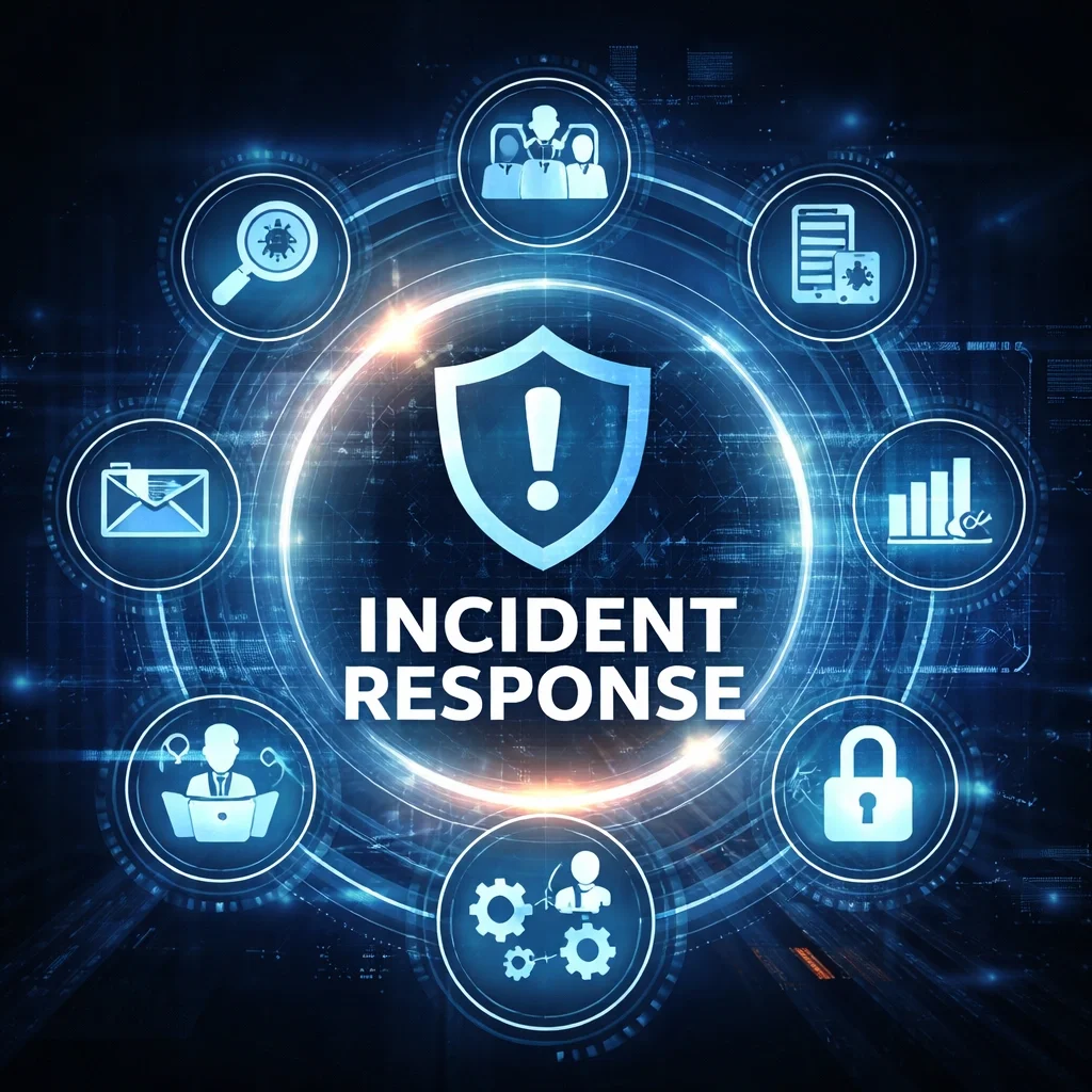 Digital illustration of a shield with alert symbol surrounded by interconnected security and process elements representing incident response and structured response systems